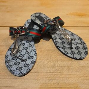 Gucci Gray Monogram Sandals with Green and Red Accents